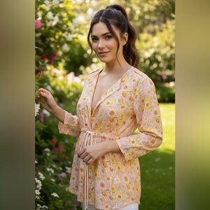 Astrid - Floral Linen Drawcord Long sleeve Blouse